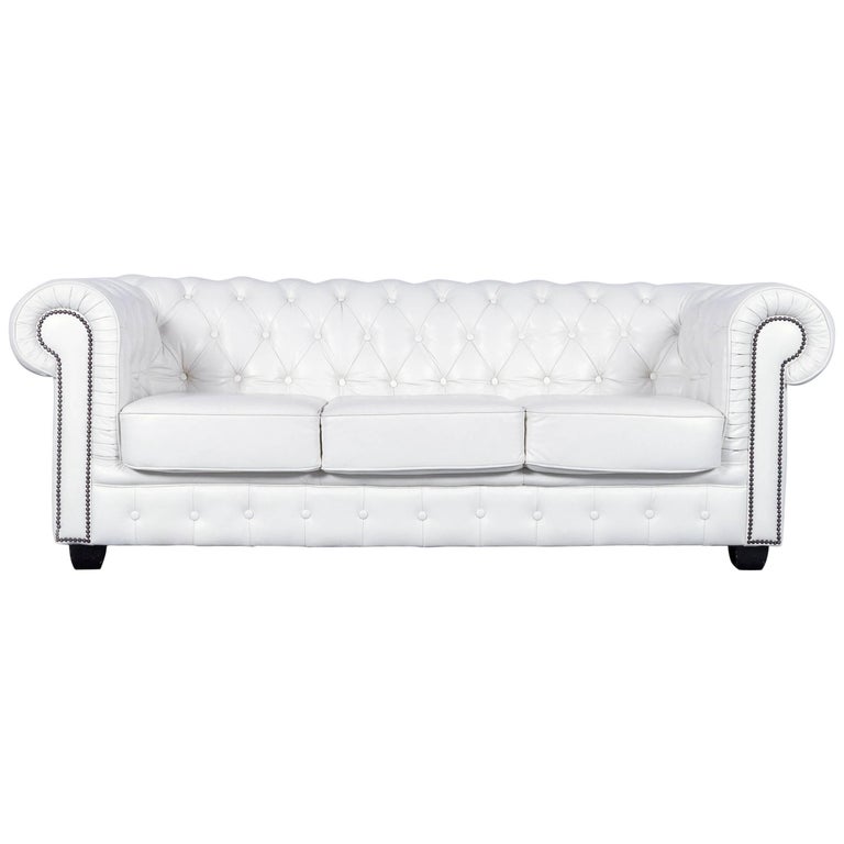 Chesterfield Three Seat Sofa White Leather Couch Vintage Retro Chesterfield Three Seat Sofa White Leather Couch Vintage Retro Rivets For