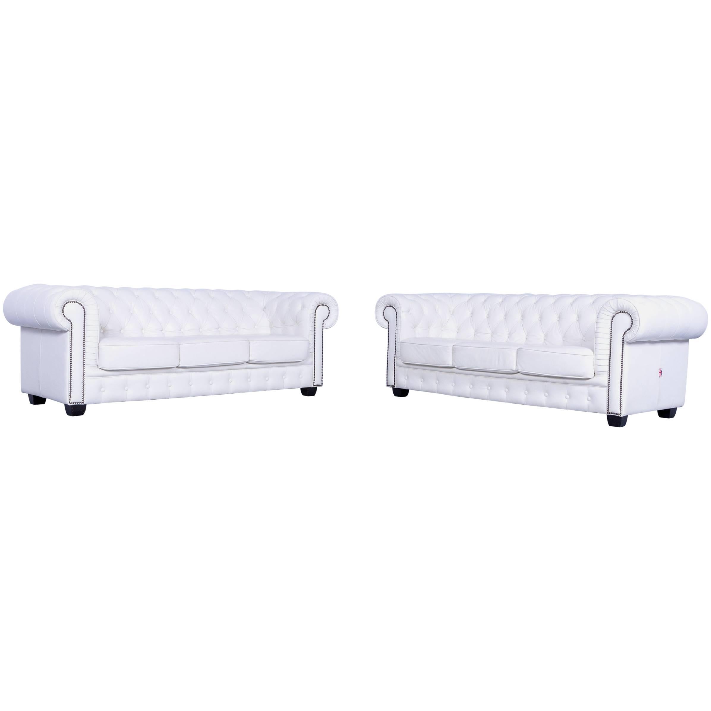 Chesterfield Three-Seat Sofa Set of Two White Leather Couch Vintage Retro Rivets For Sale