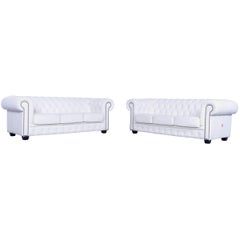 Chesterfield Three-Seat Sofa Set of Two White Leather Couch Vintage Retro Rivets