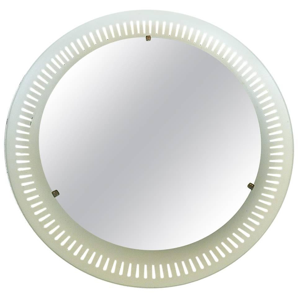 Illuminated Mirror Round Yellow White Perforated Stilnovo Sarfatti Style, 1950s