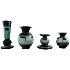 Vintage Ilse Claesson "Series V", Art Deco Faience Vases and a Candlestick