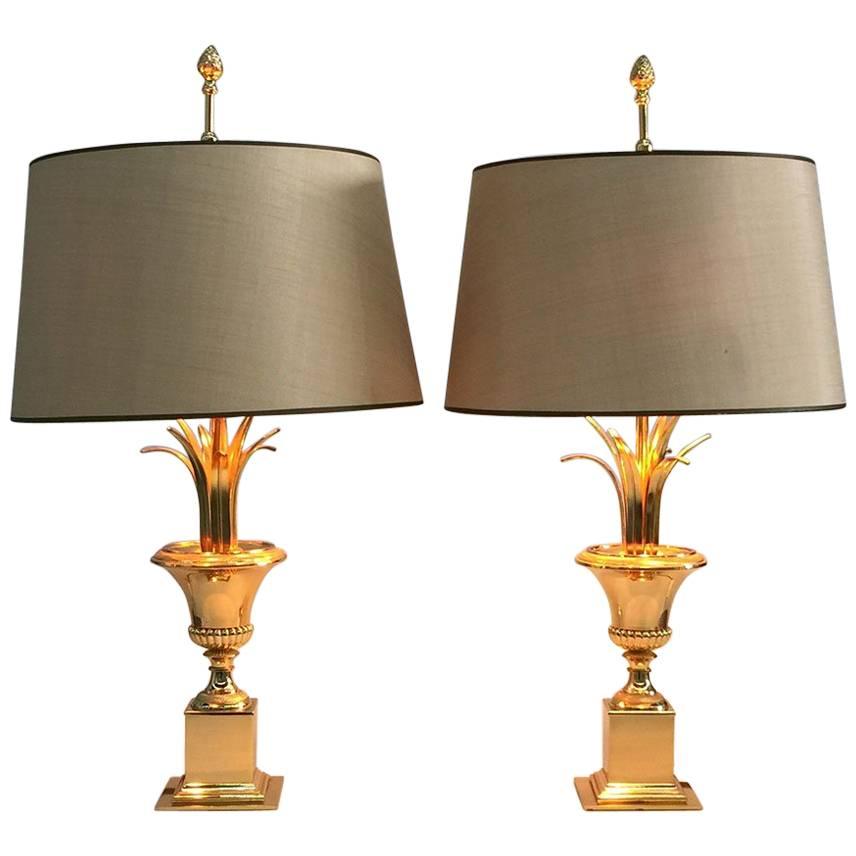 Pair of Gilt Metal French Side Table Lamps by Maison Charles, 1970s