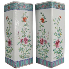 Pair of Antique Chinese Export Hand Enameled Floral Porcelain Block Vases