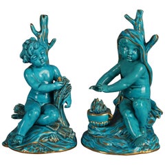 Antique French Sevres Turquoise Glaze & Gilt Porcelain Woodland Children, Signed