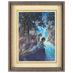 Art Deco Print of "Waterfall" After Original by Maxfield Parrish, Framed