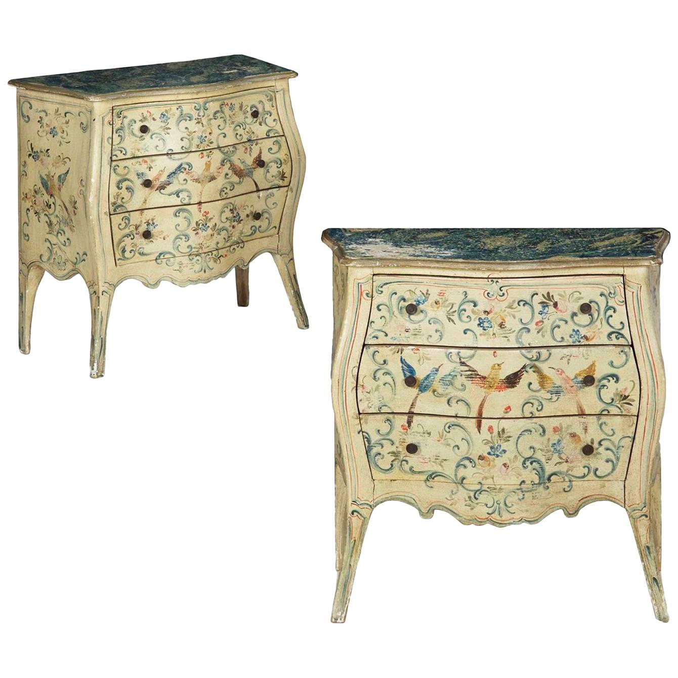 Pair of Venetian Rococo Hand-Painted Bedside Nightstand Commodes