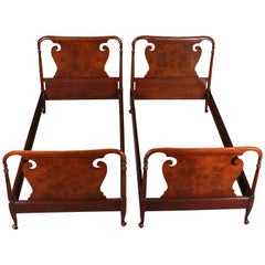 Pair of Berkey and Gay School Cut-Out and Book Matched Mahogany Twin Bed Frames