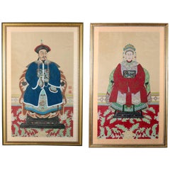 Pair of Antique Chinese Ancestral Painting, Large and Finely Painted in Color