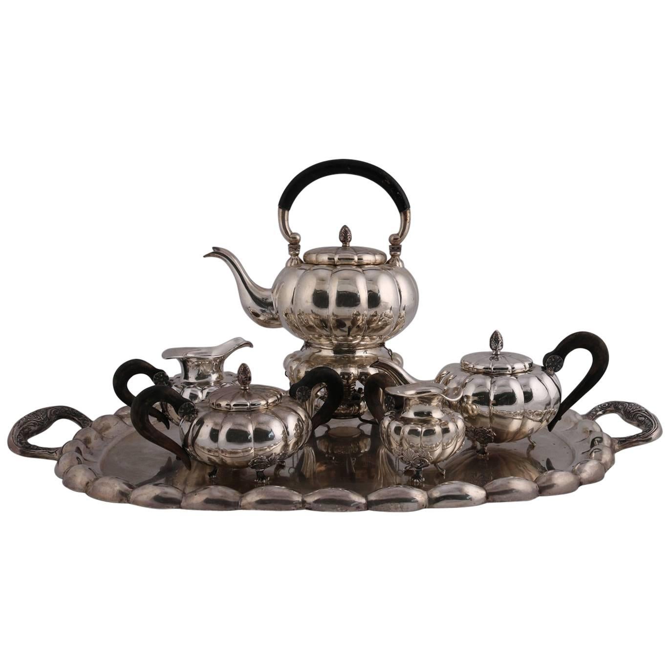 Large Six-Piece French Antique French .800 Silver Gadroon Tea Set, circa 1900