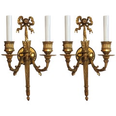 Pair of French Gilt Doré Bronze Bow Torchiere Caldwell Two-Light Sconces