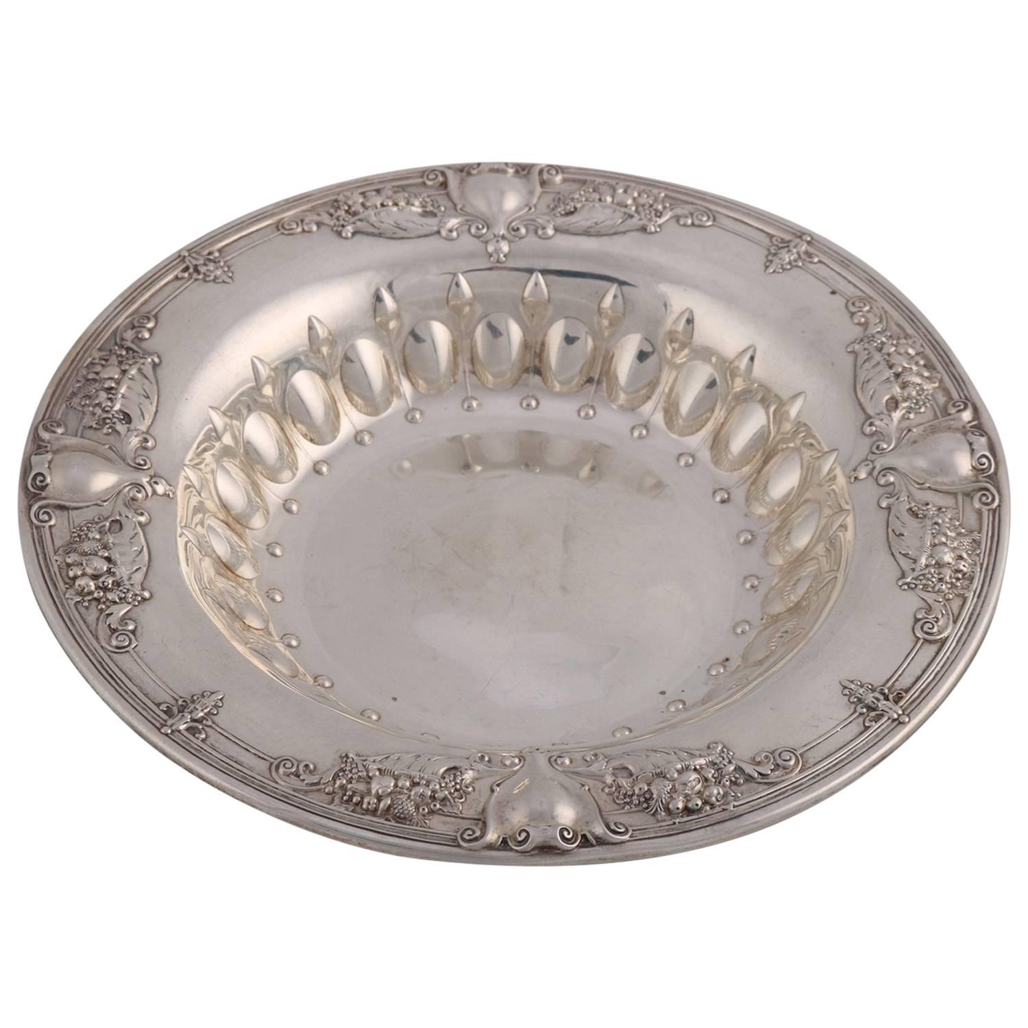 Neoclassical Shield and Floral Repousse Sterling Silver Round Bowl, circa 1900