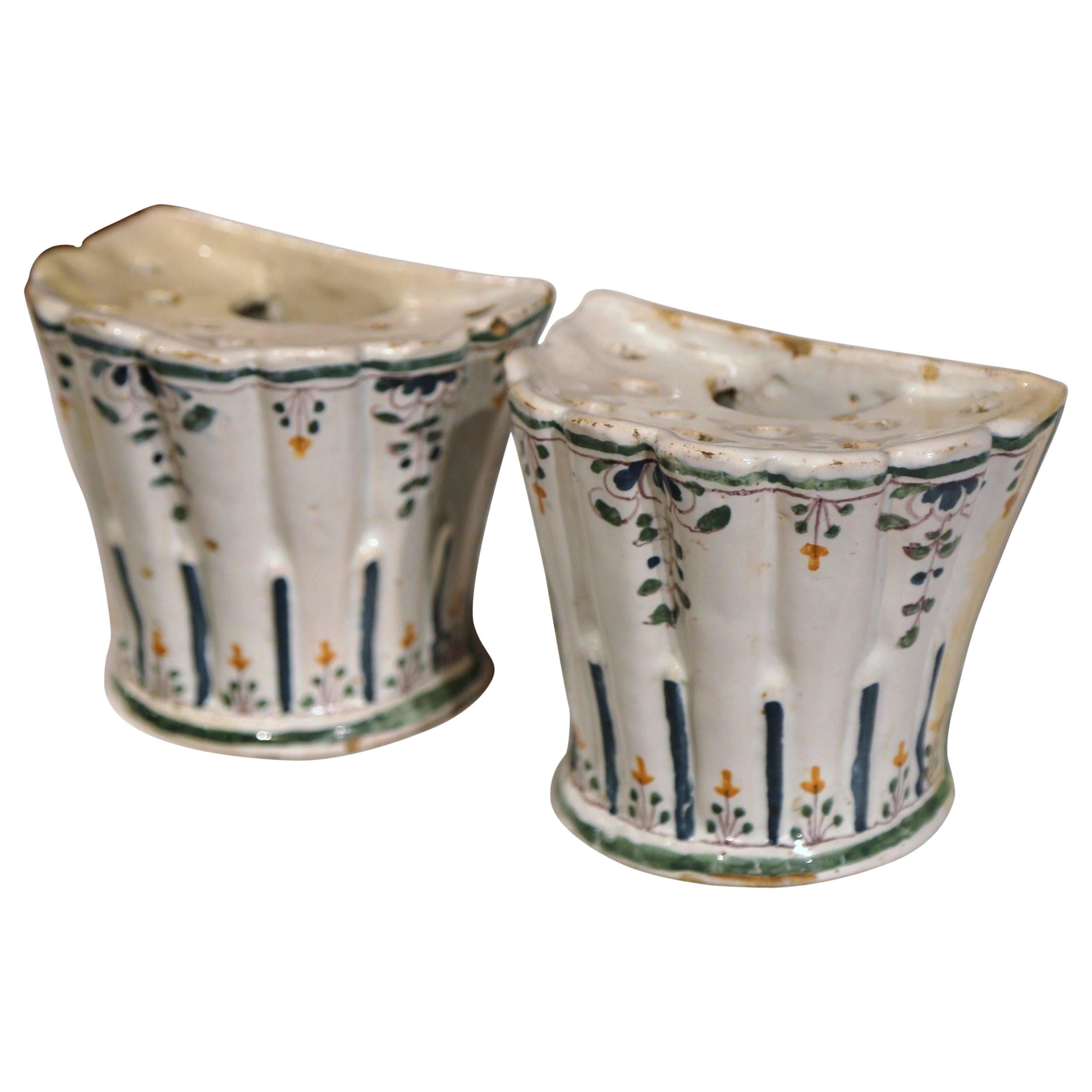 Pair of 19th Century French Hand-Painted Demilune Faience Bouquetières Vases