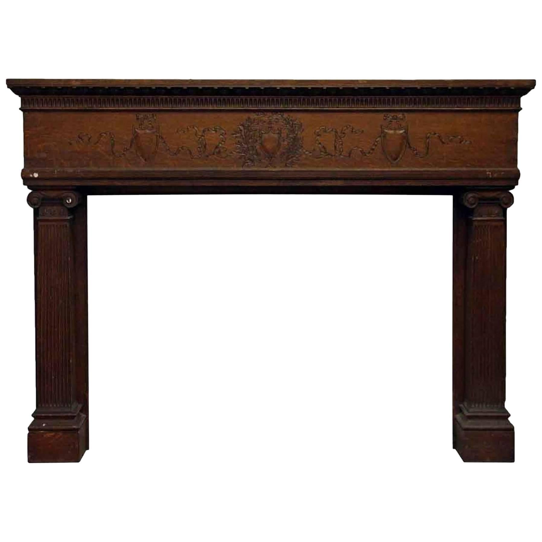 1920s Extra Wide Carved Oak Mantel with Hand-Carved Details