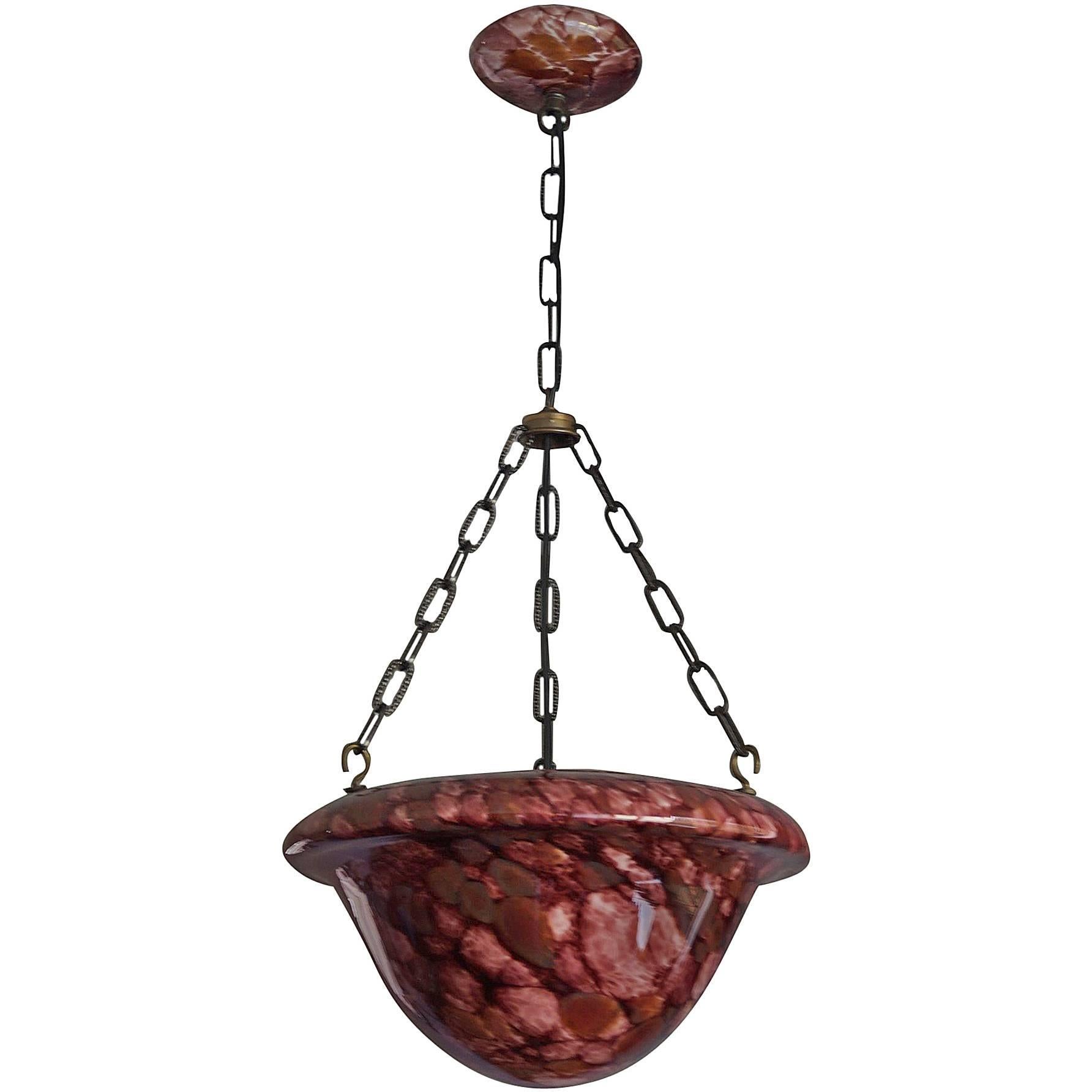 Lampe à suspension Art Déco des années 1930 en forme de champignon en verre artistique avec abat-jour et baldaquin