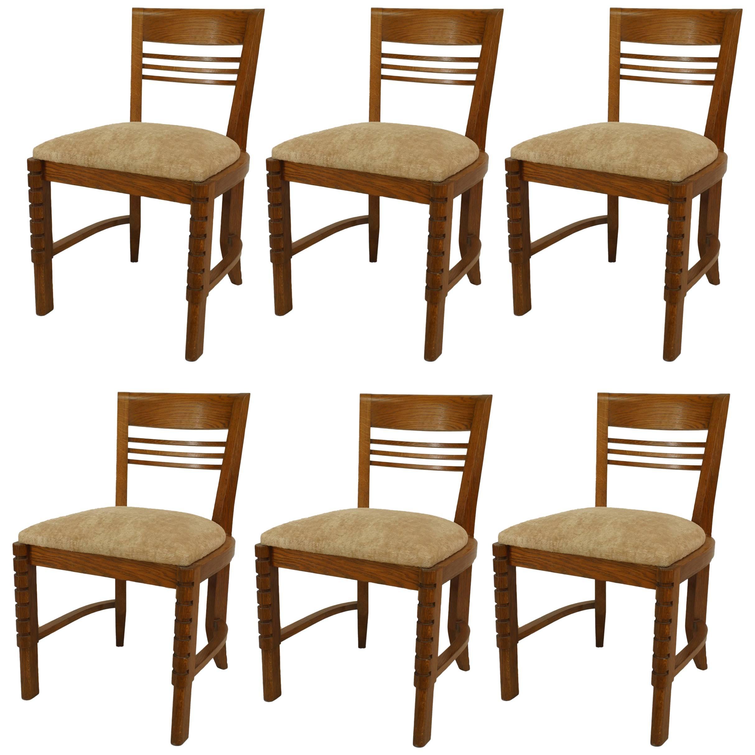 Set of 6 French Oak Slat Design Side Chairs For Sale
