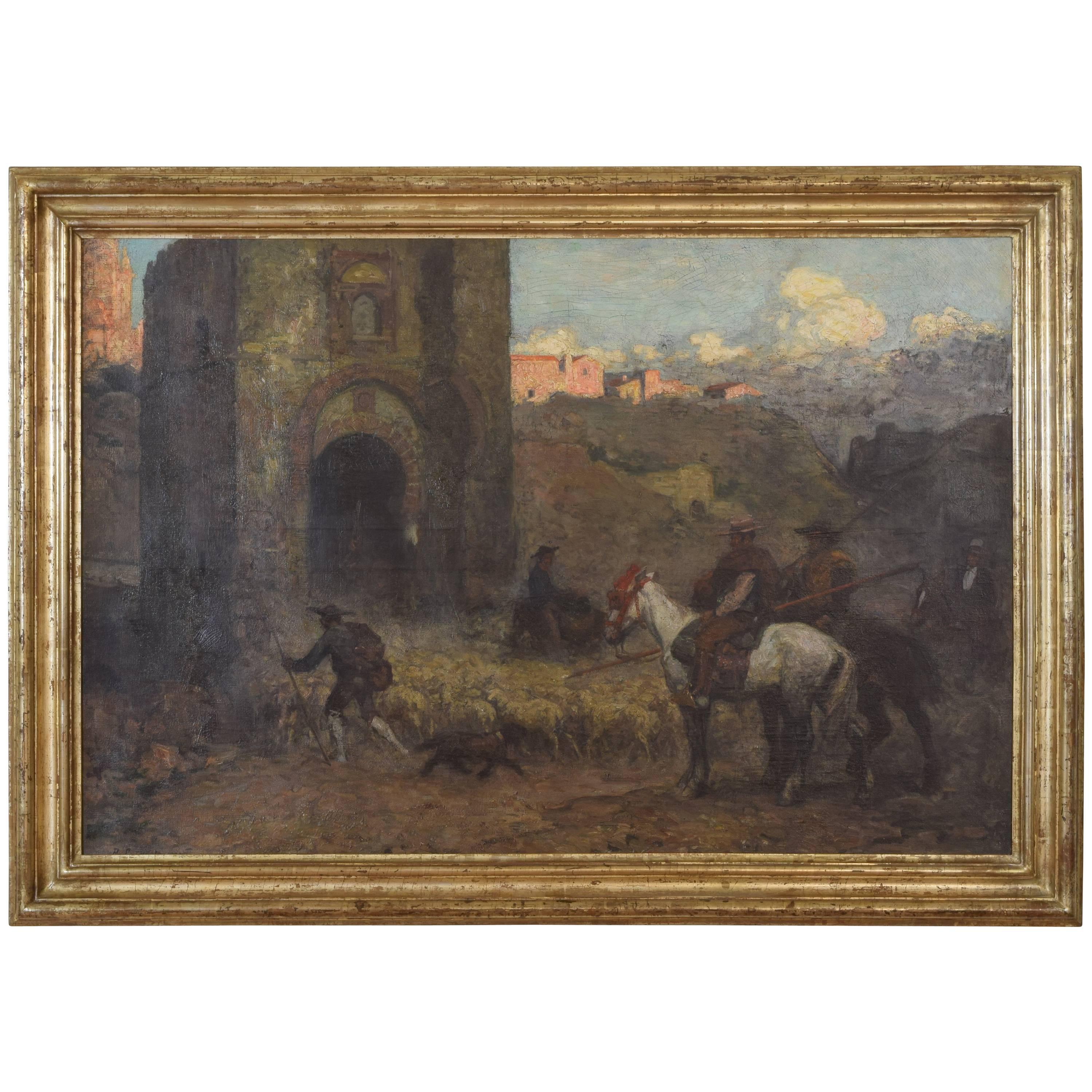 French Oil on Canvas Giltwood Frame Spanish Herders Gate of Valencia, circa 1899