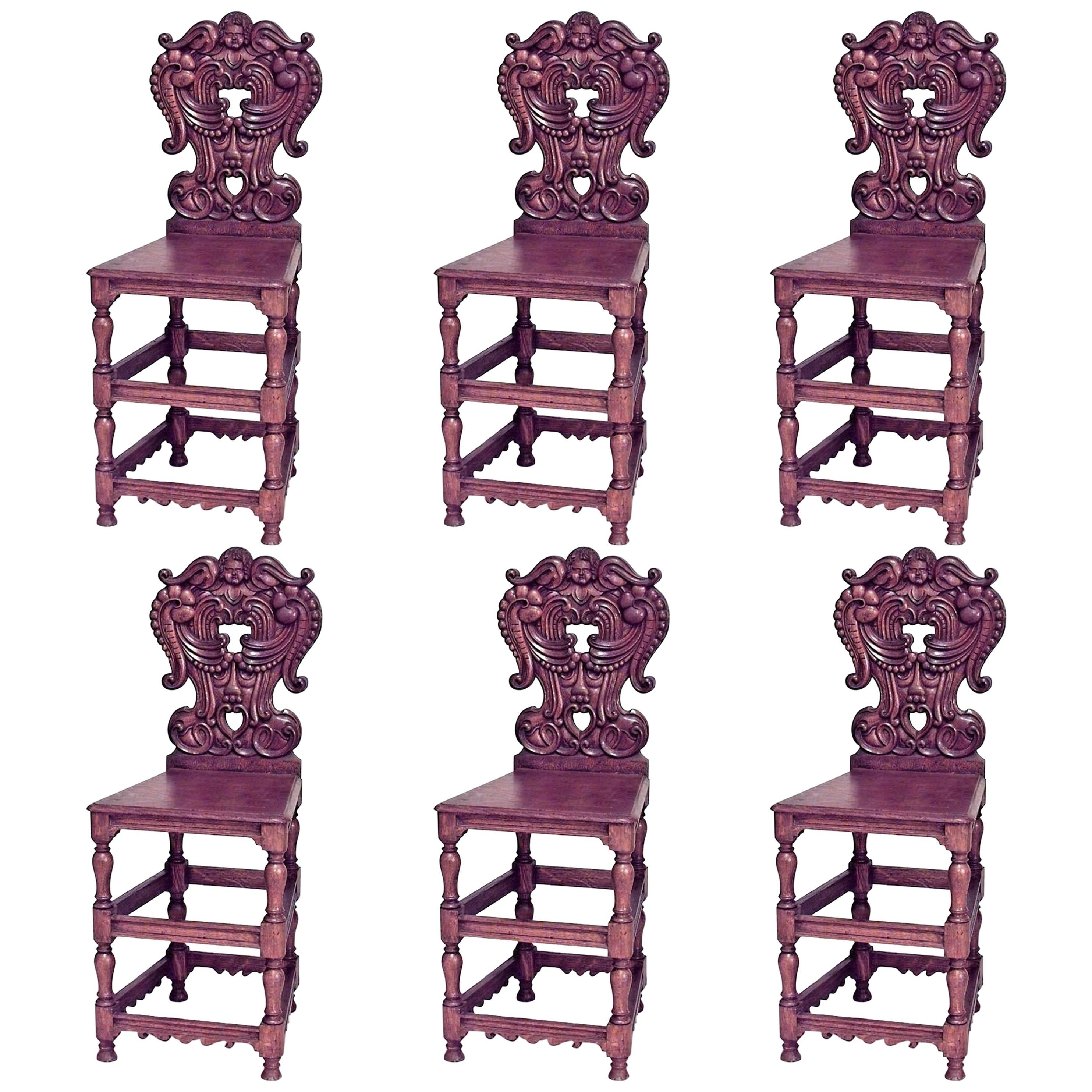 Ensemble de 6 chaises Cupidon Sgabelli en chêne de la Renaissance italienne 