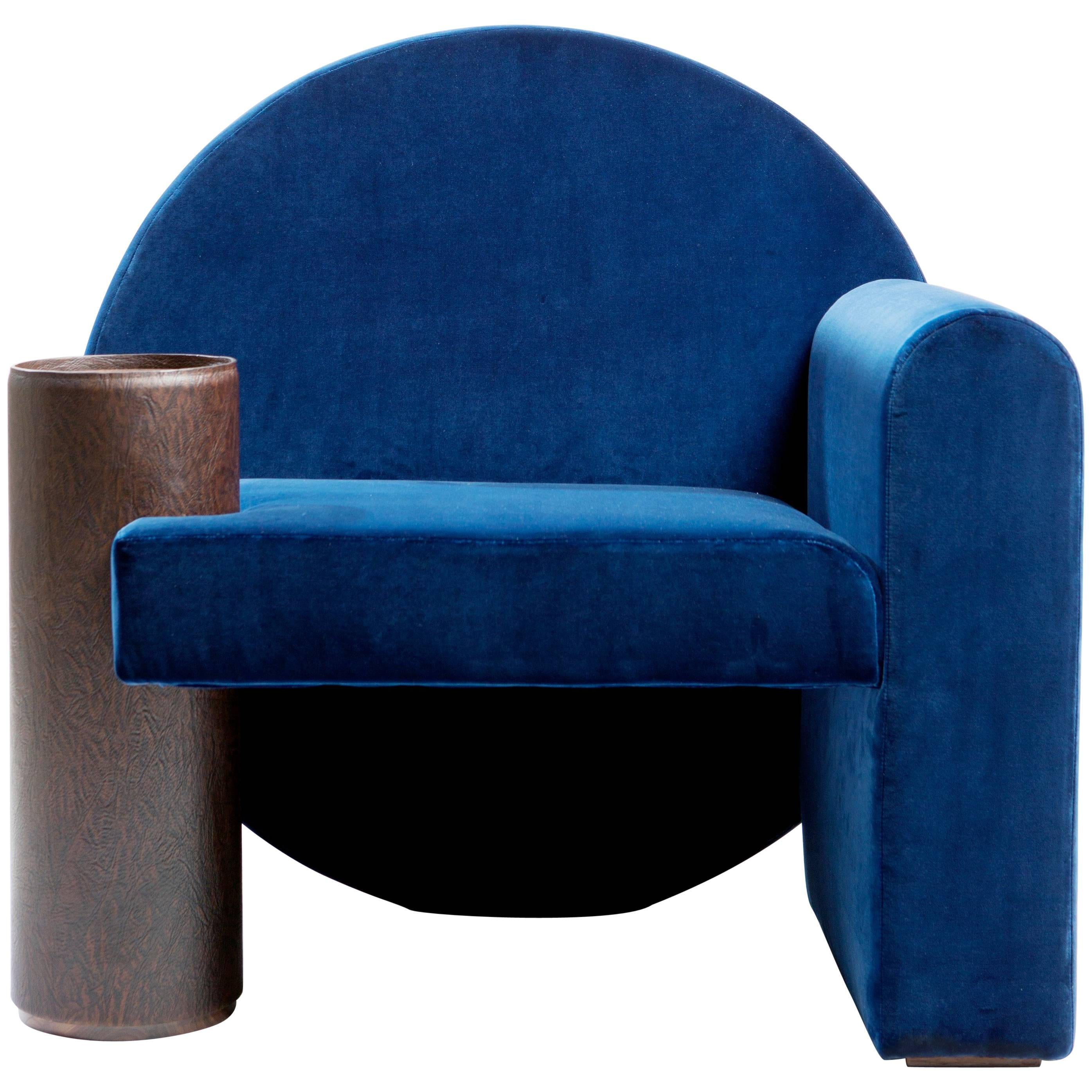 'Valsusa' Armchair in Blue Velvet and Leather by POOL For Sale