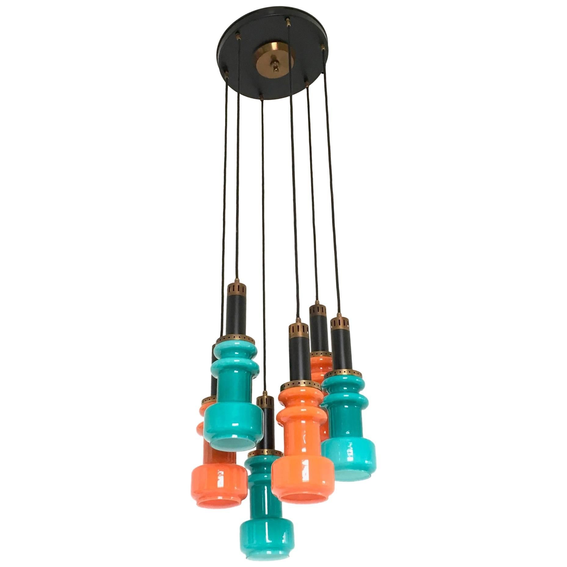 Six-Light Teal and Orange Chandelier by Stilnovo, Italy, 1960s