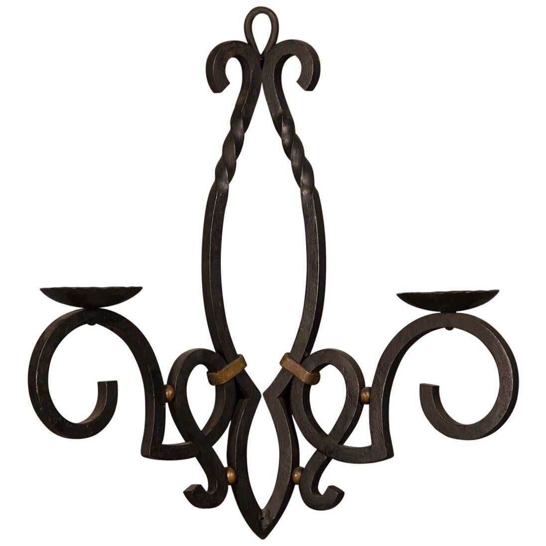 Massive Vintage French Iron Two Candle Arm Sconce from France, circa 1940 For Sale