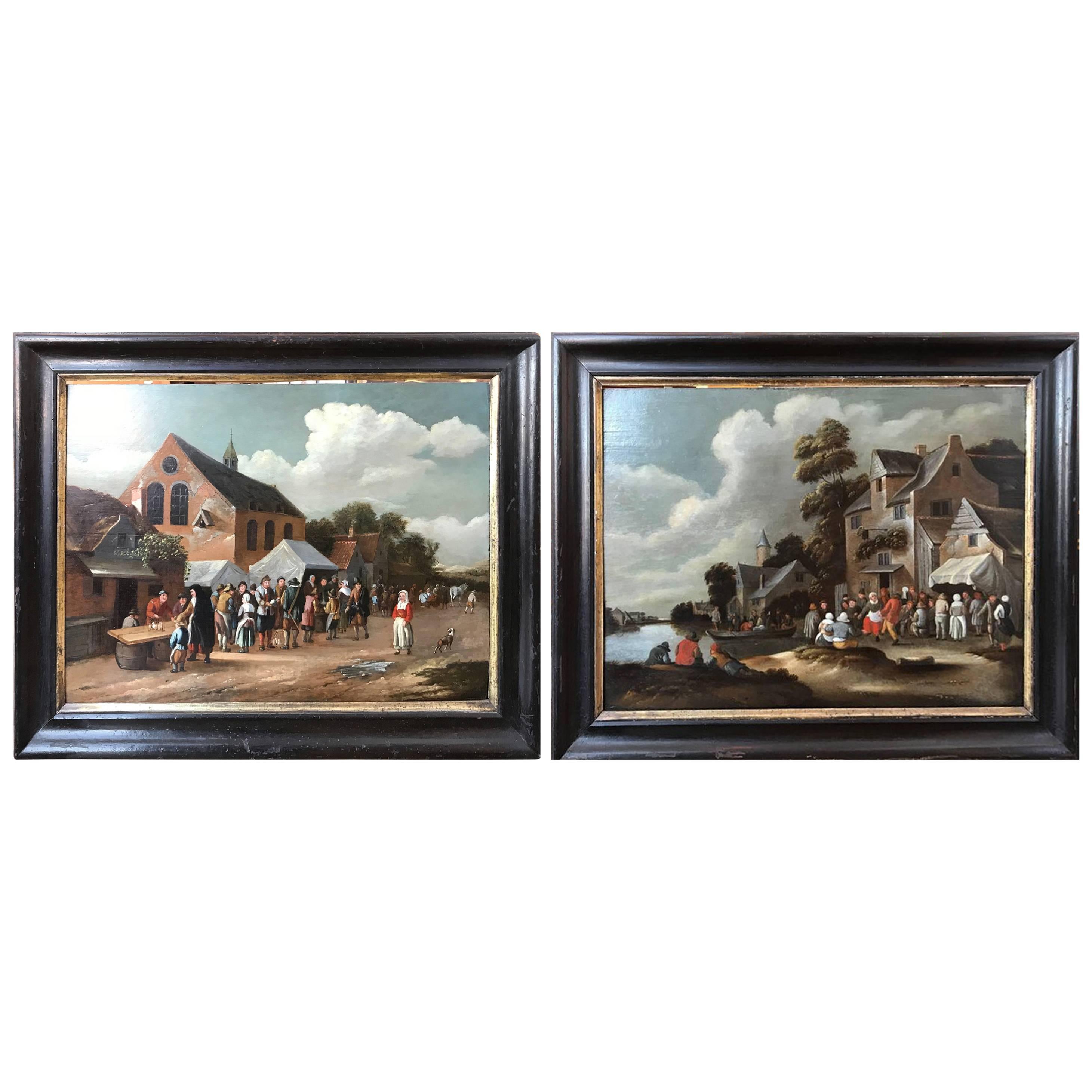 Pair of 19th Century Pastiche of a Peasant Scenes at Village Fair For Sale