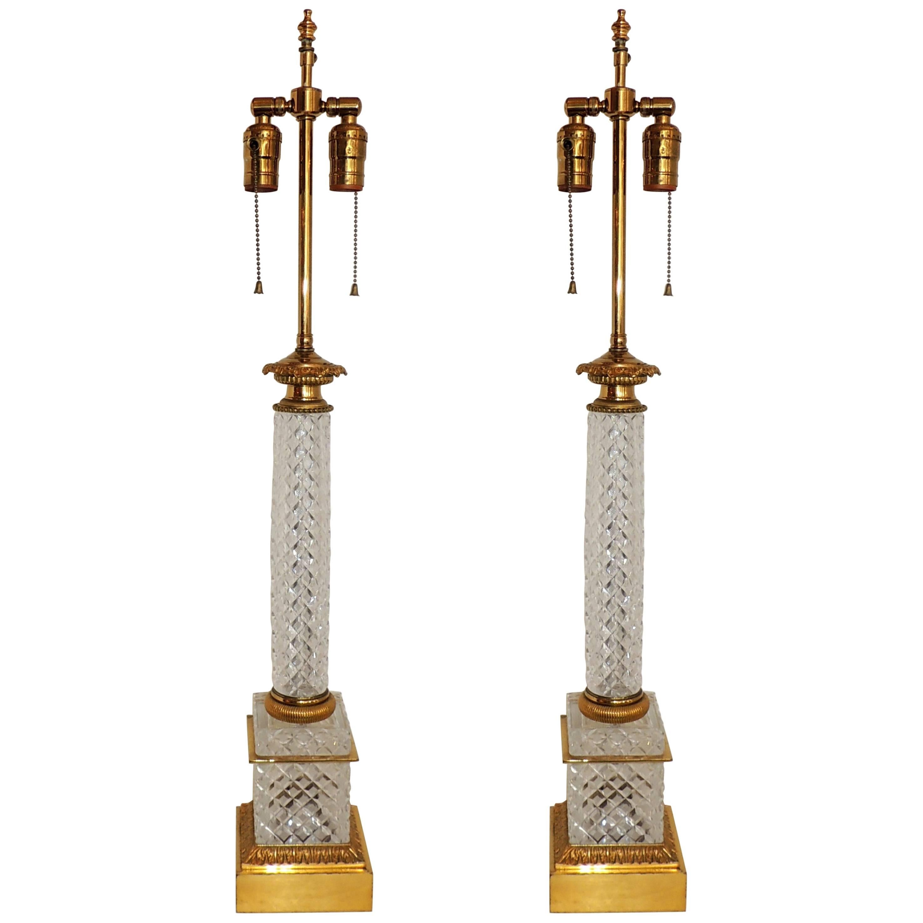 Elegant French Pair of Dore Bronze Cut Crystal Ormolu Column Neoclassical Lamps