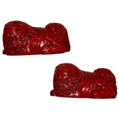 Hand-Carved and Lacquered Pair of Cinnabar Asian Foo Dogs