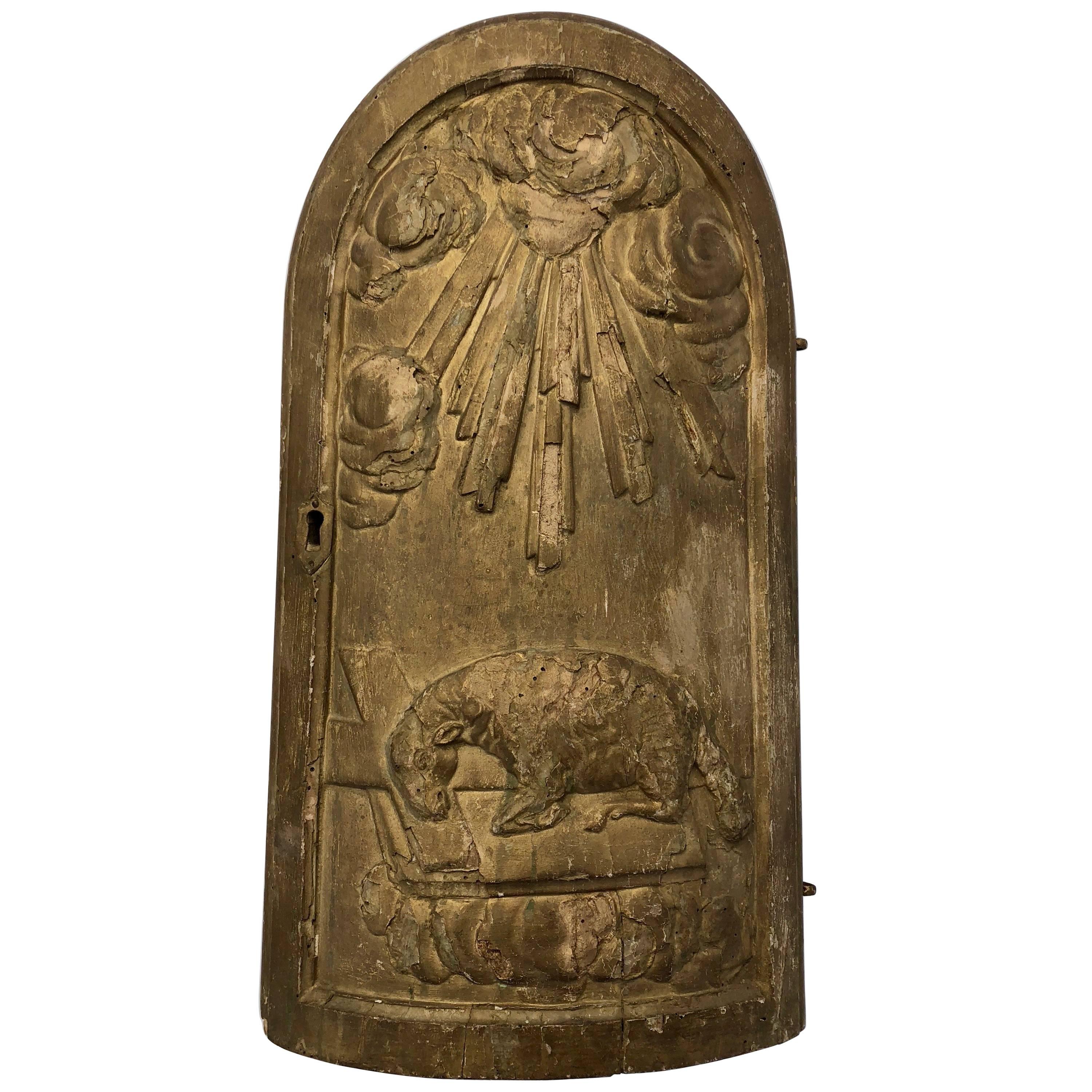 French Wooden Chalice Gilded Cabinet Door Featuring the Passover Lamb, 1700s For Sale