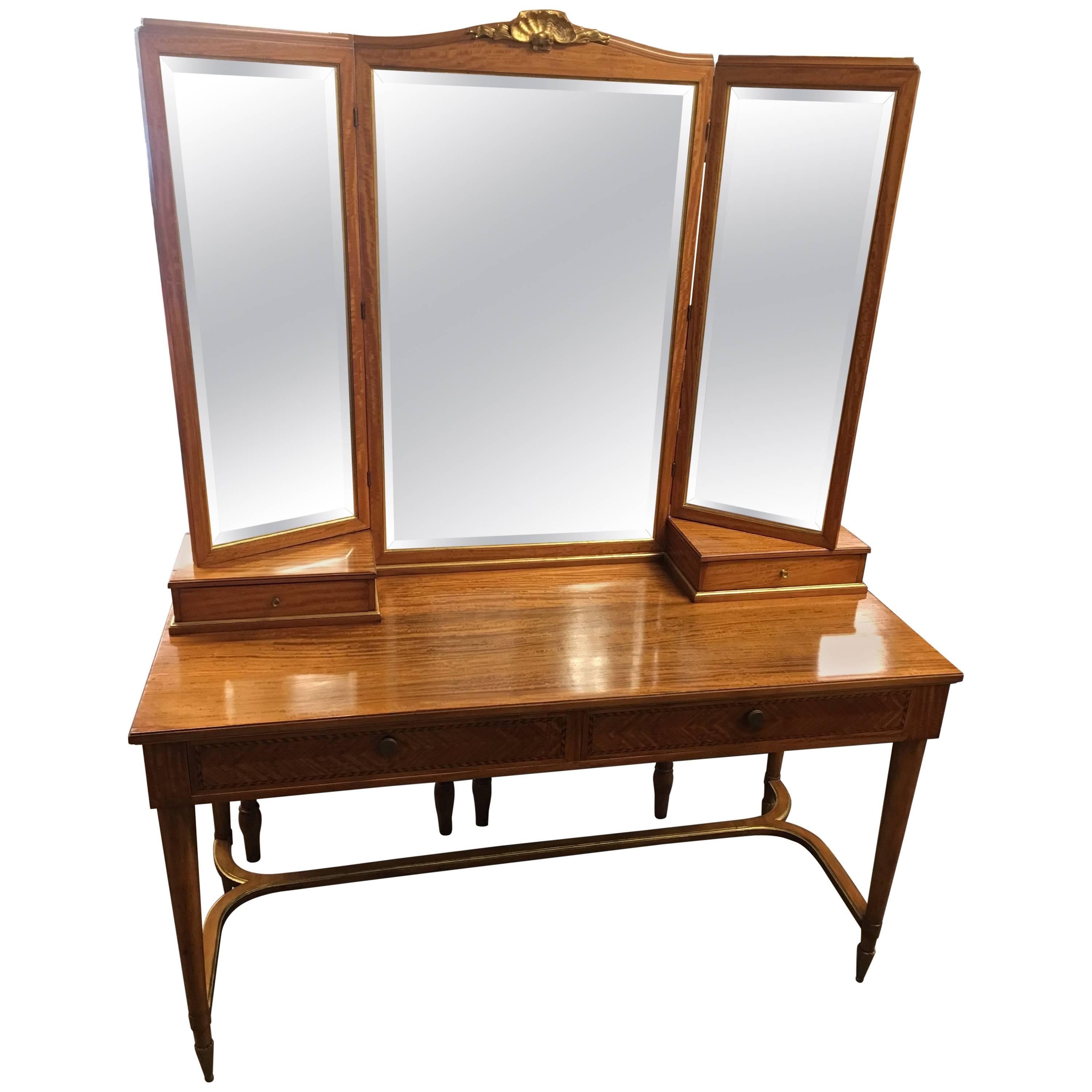 Vintage French Satinwood Vanity Table with Inlaid Wood and Gold Accents For Sale