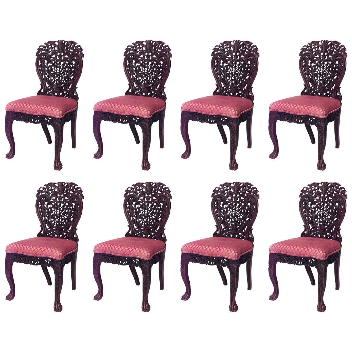 Set of 8 Asian Burmese Walnut Side Chairs For Sale