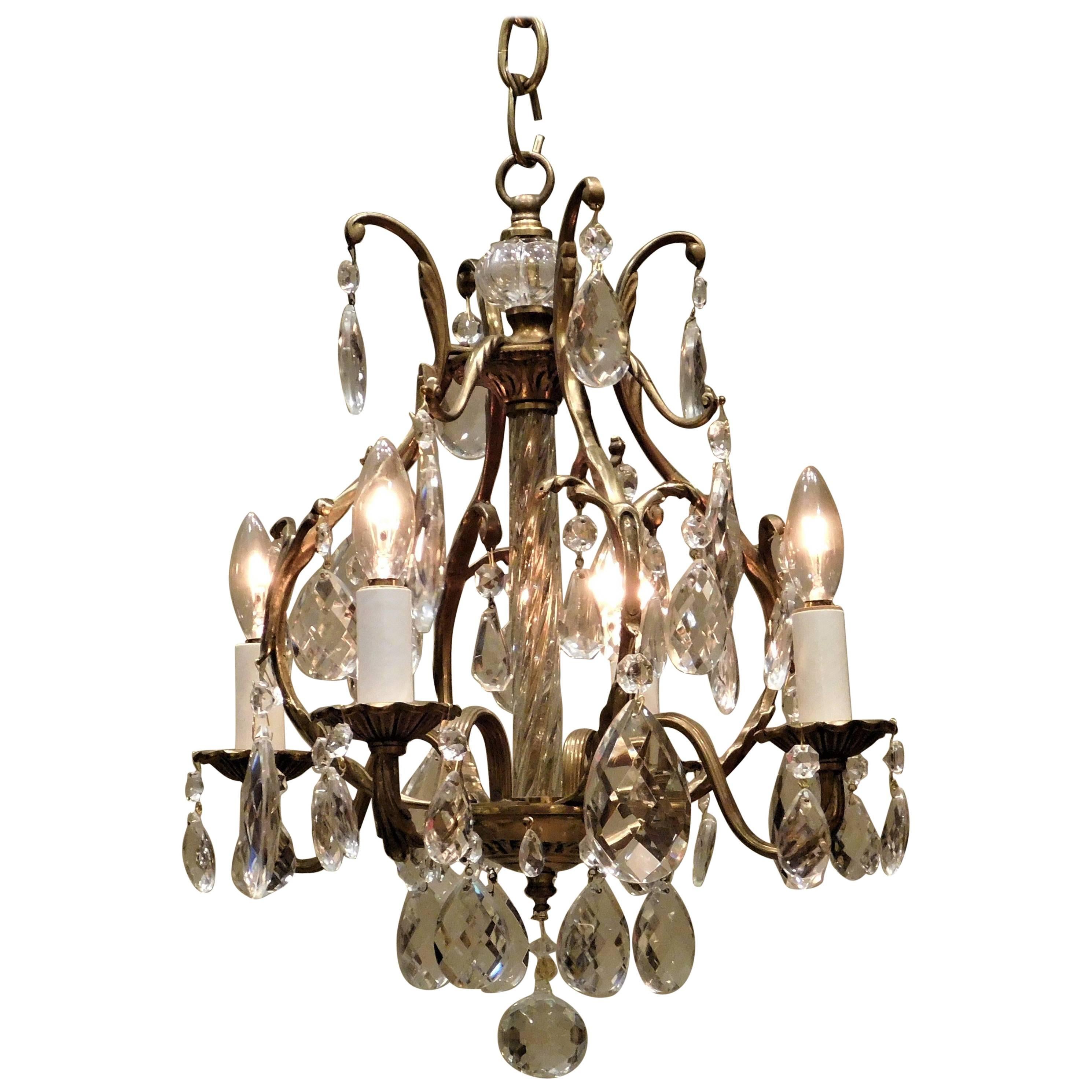Four-Light Brass, Glass and Crystal Louis XV Style Chandelier Sweden, circa 1910