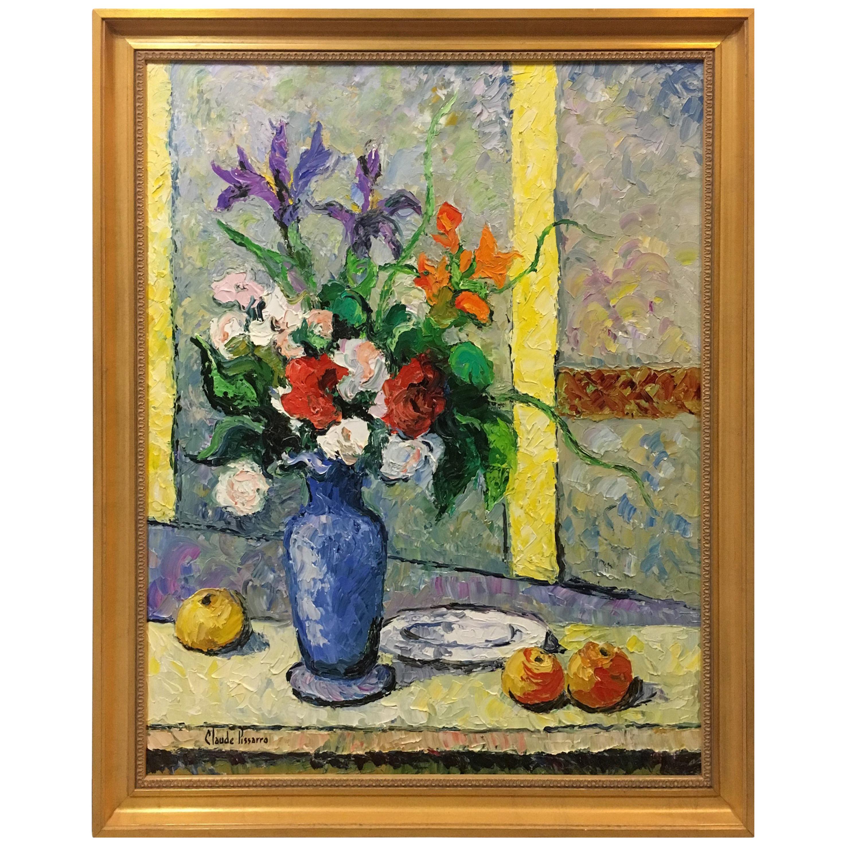 Hugues Claude Pissarro Oil on Canvas Painting Le Bouquet Au Vase Bleu For Sale