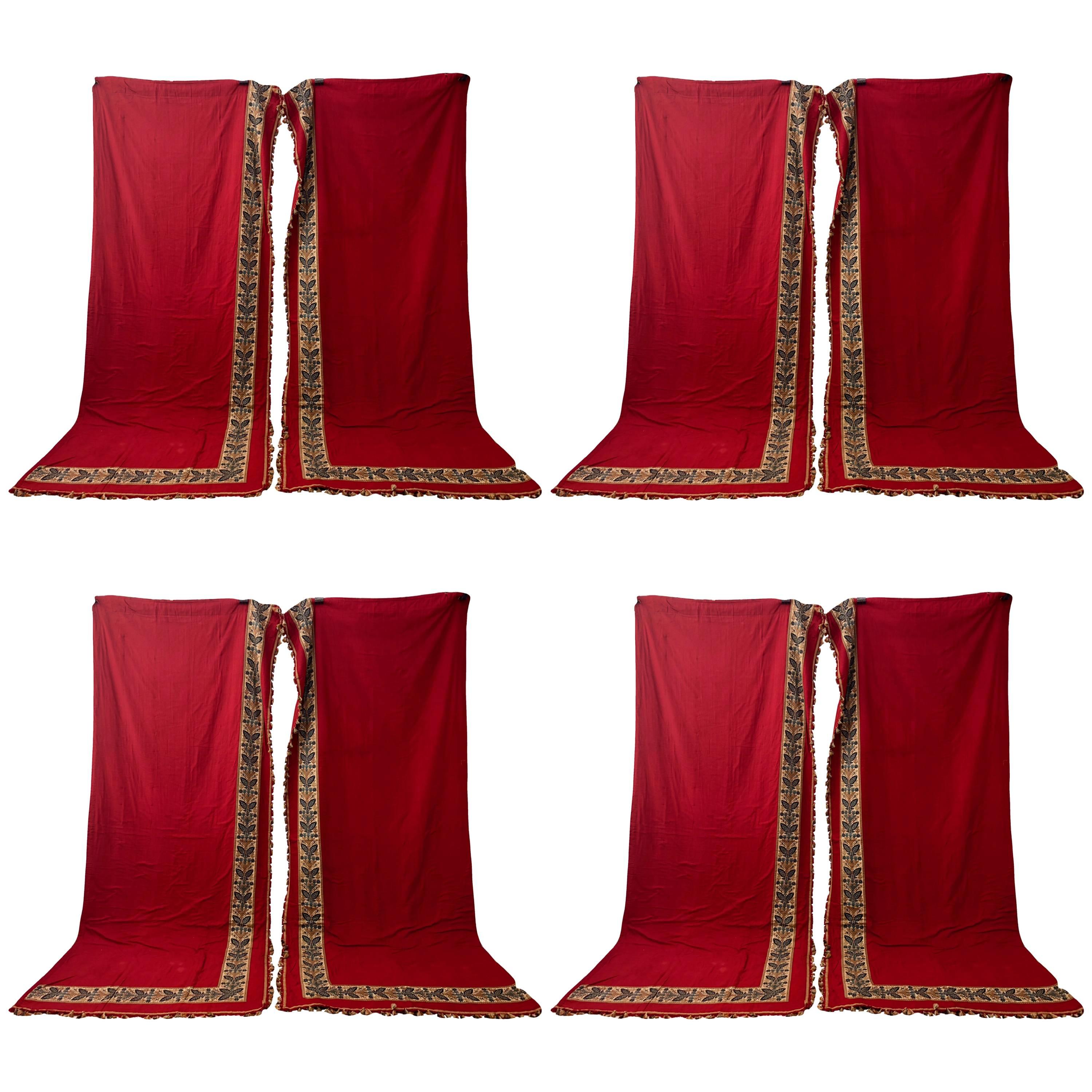 Eight Pieces French Red Cotton Padded Curtains with Wide Weaved Trim and Tassels For Sale
