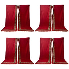 Used Eight Pieces French Red Cotton Padded Curtains with Wide Weaved Trim and Tassels