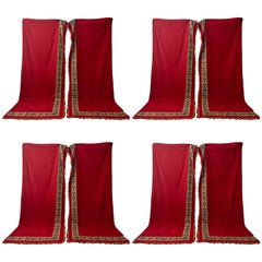 Eight Pieces French Red Cotton Padded Curtains with Wide Weaved Trim and Tassels