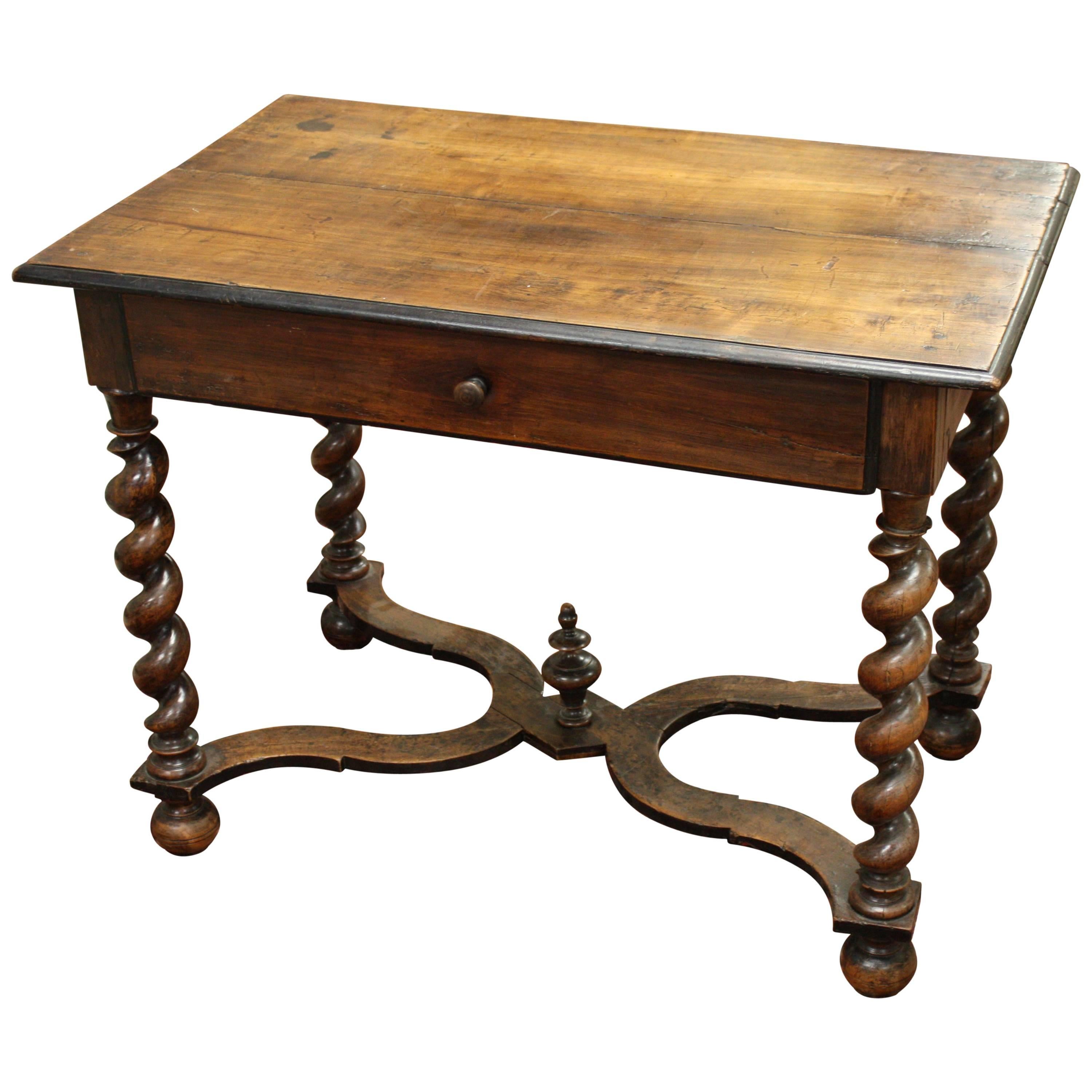 19th Century French Walnut Side Table with Single Drawer and Barley-Twist Base