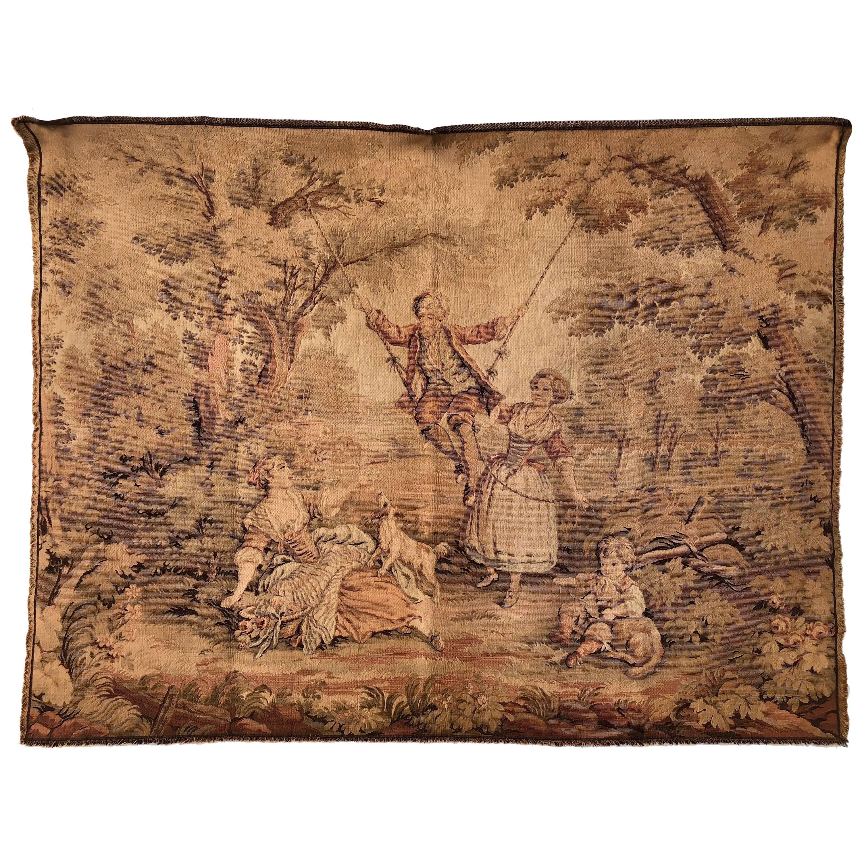 French Wall Hanging Tapestry, Pastoral Scene of a Family Outing with Dogs, 1900s For Sale