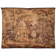 Vintage French Wall Hanging Tapestry, Pastoral Scene of a Family Outing with Dogs, 1900s