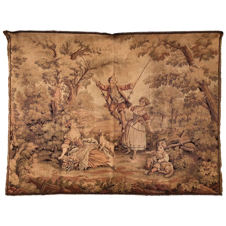 French Wall Hanging Tapestry, Pastoral Scene of a Family Outing with Dogs, 1900s For Sale at