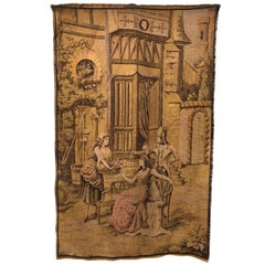 French Used Wall Hanging Tapestry of Village Girl Selling Flowers, 1900s