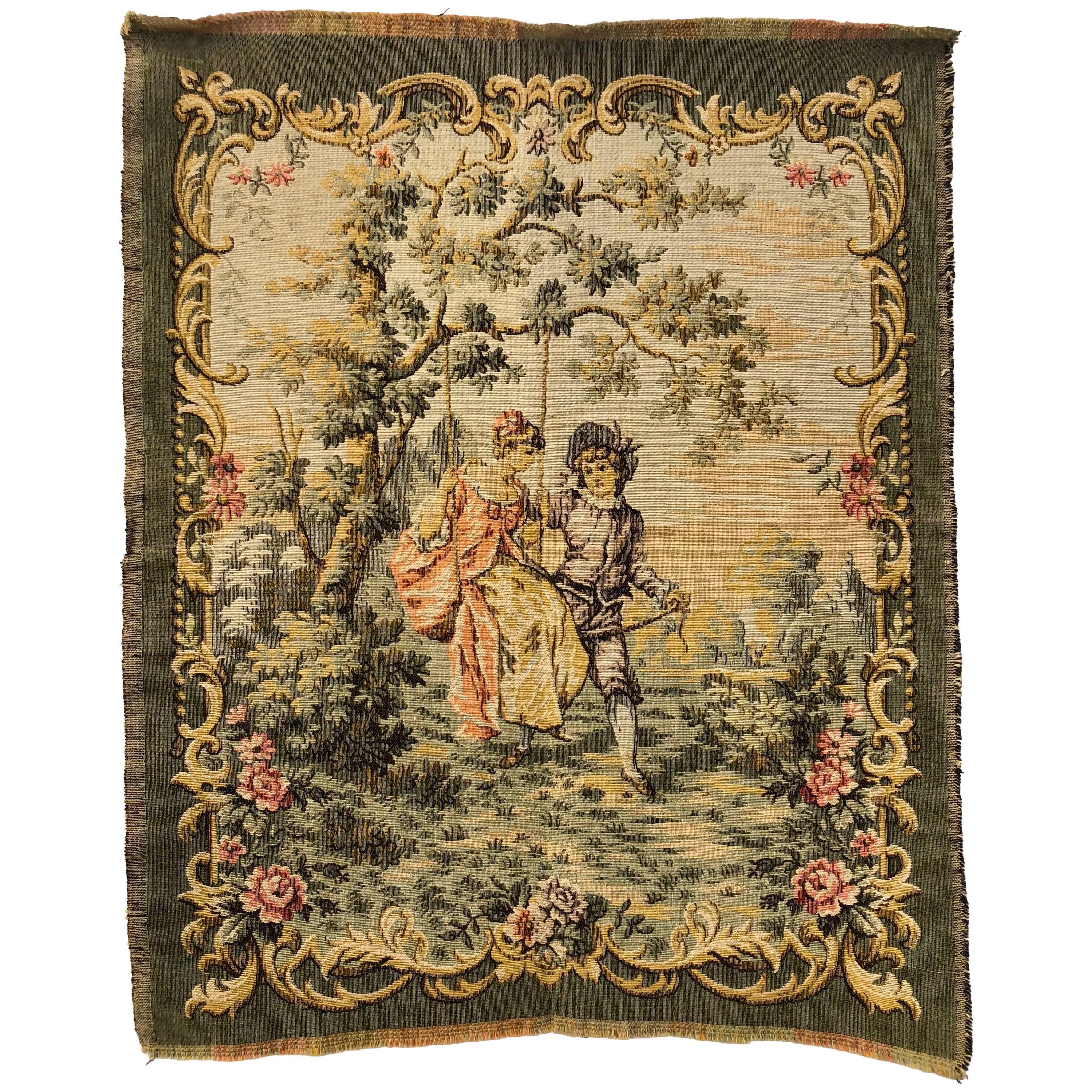 French Antique Wall Hanging Tapestry of Girl on Swing with Boy, 1900s For Sale