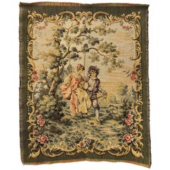 French Antique Wall Hanging Tapestry of Girl on Swing with Boy, 1900s