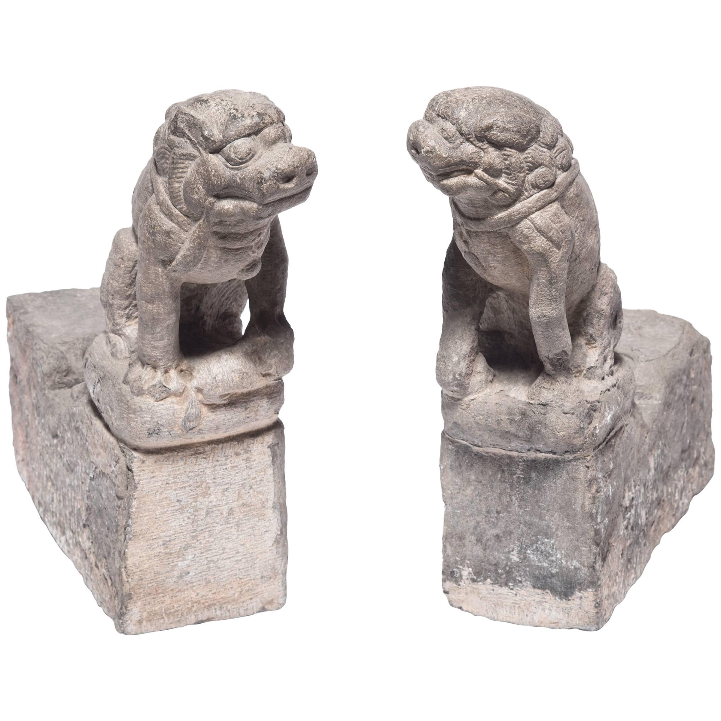 Pair of Early 19th Century Chinese Stone Fu Dogs