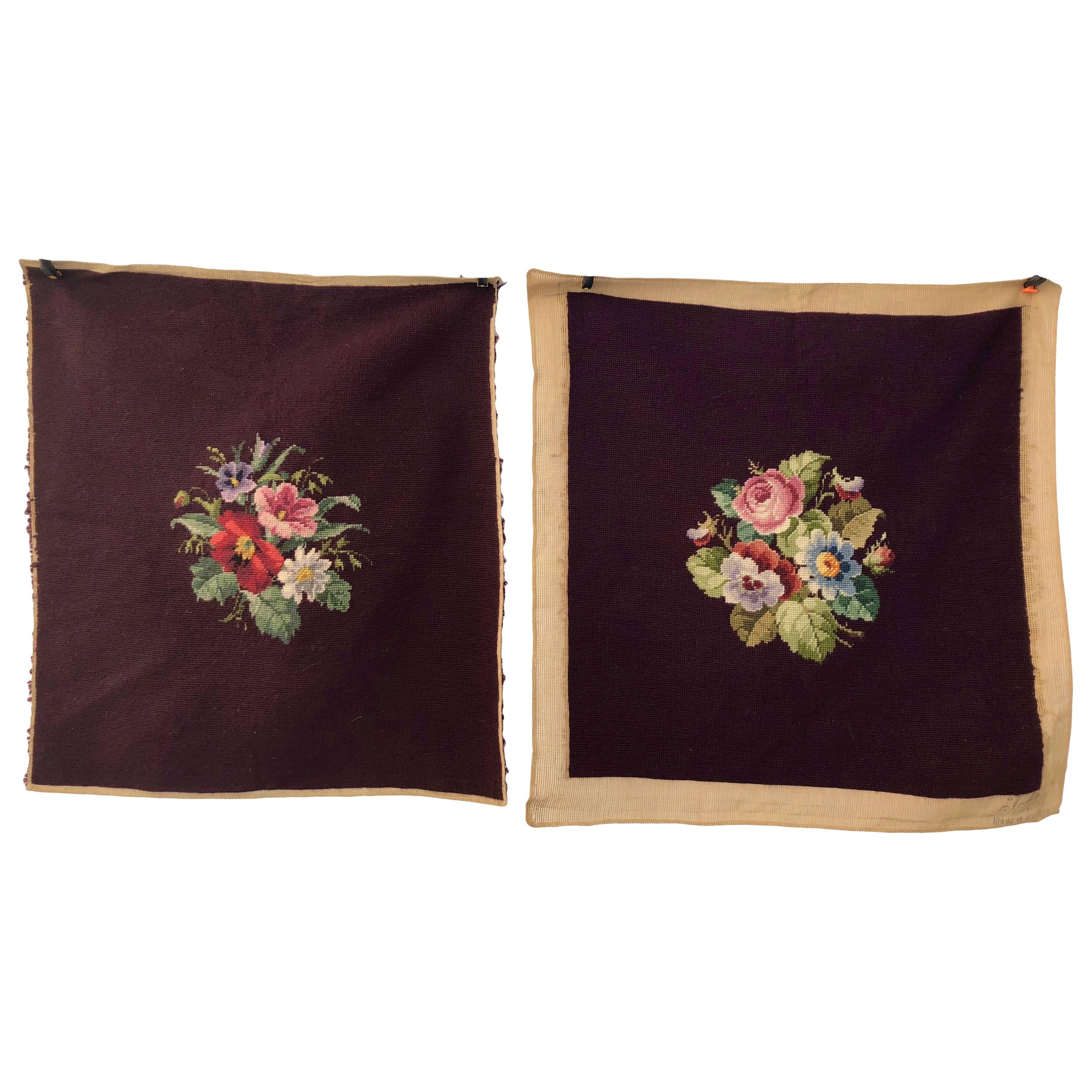 French Antique Needlepoint Pillow or Chair Covers, Plum Color, Set of Two For Sale