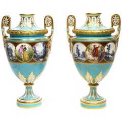 Paire de Vases Anglais du 19ème Siècle en Porcelaine Turquoise avec Peinture de Fond par Minton