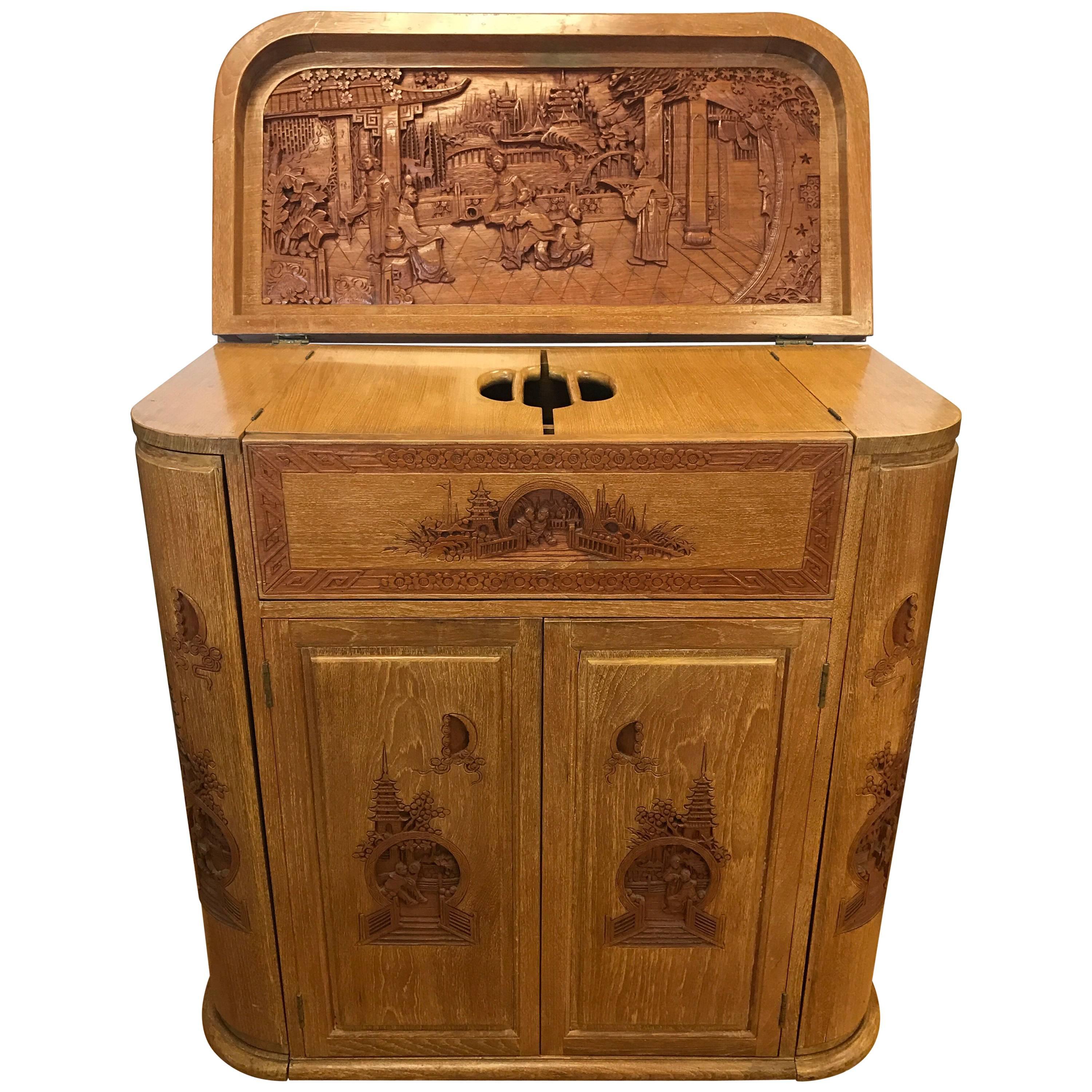 Carved Asian Floating Bar Cabinet Server Buffet, Late 19th Century