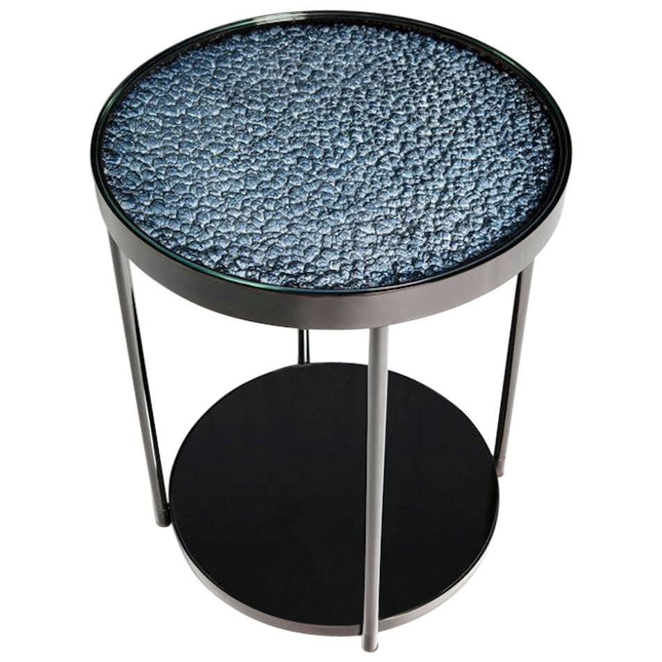 Hemlock Side Table End Table Polished Black Nickel and Smoked Mirrored Glass For Sale
