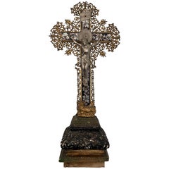 Antique French 1700s Large Crucifix Made of Wood, Metal, Plaster and Mother-of-Pearl