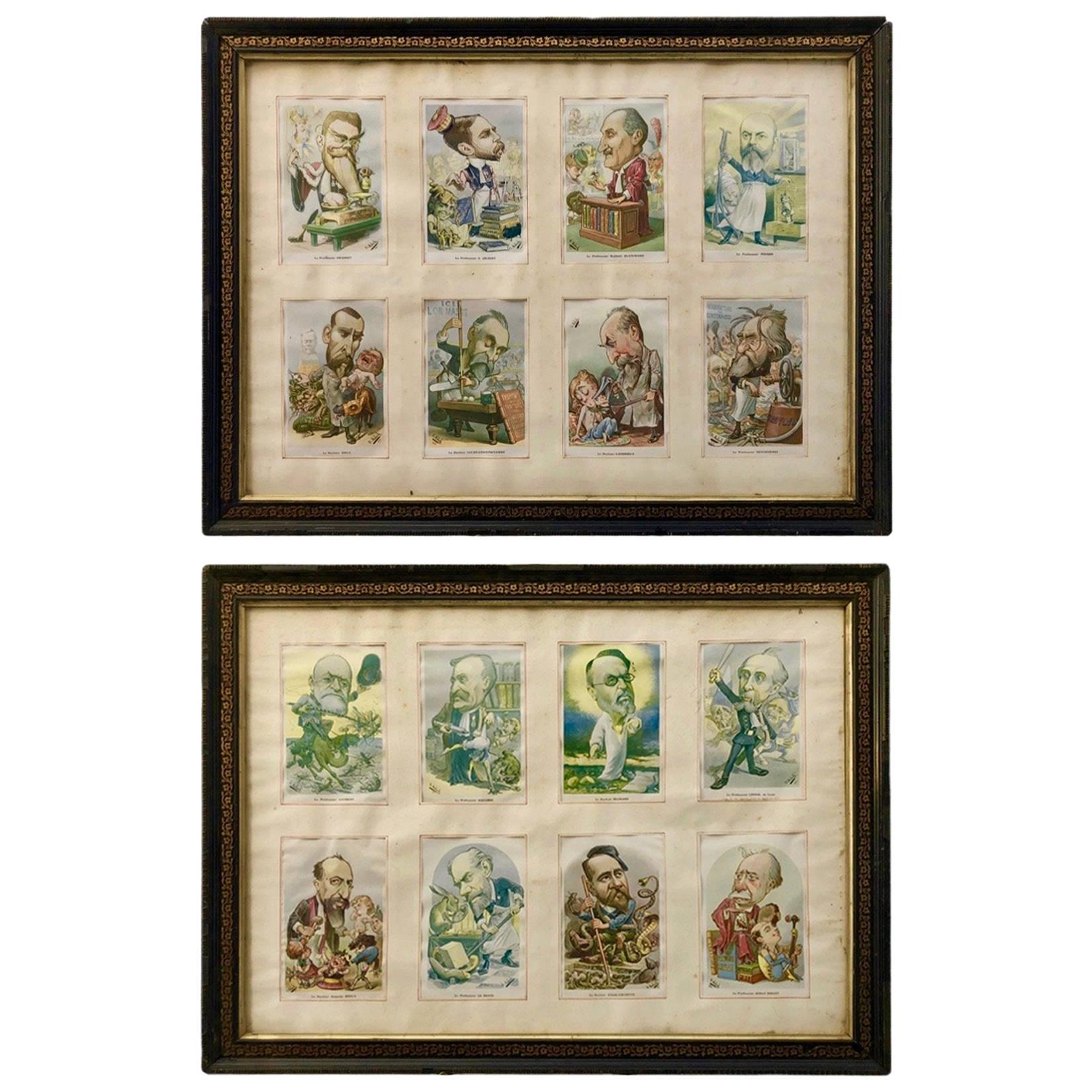 Cartoonist B. Moloch, 1907 Color Prints, Two Frames Containing Eight Lithographs For Sale
