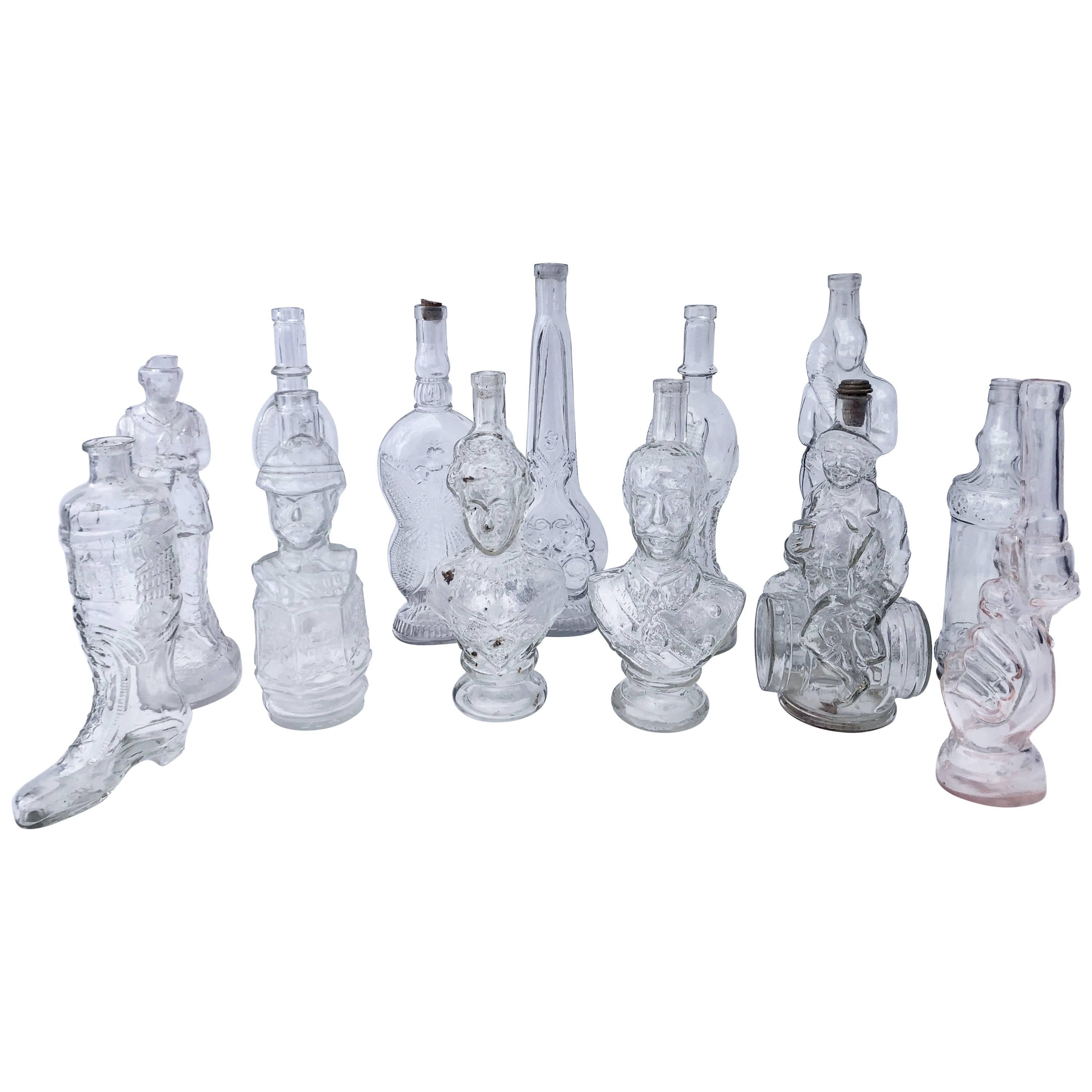 Collection of Figural Antique French Collectible Glass Bottles, Set of 13 For Sale